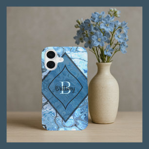 Blue Marble Pattern with Custom Name and Initial iPhone 16 Case