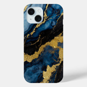 Blue Marble Pattern with Gold iPhone 15 Case