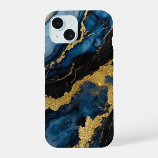 Blue Marble Pattern with Gold iPhone 15 Case