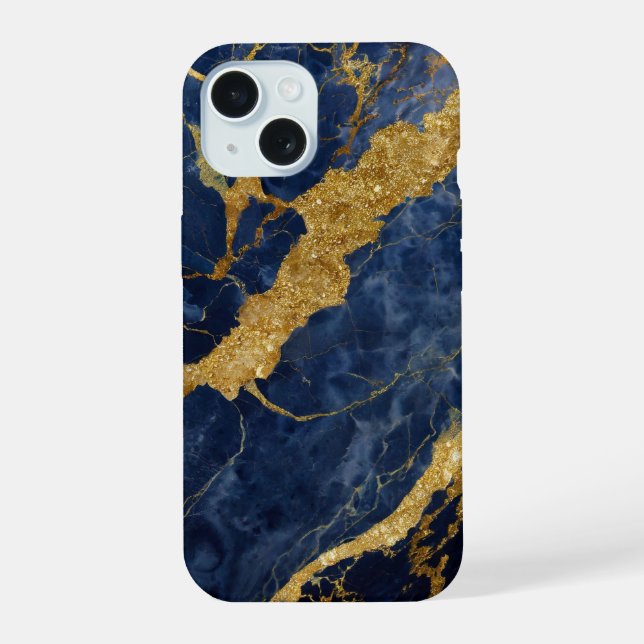 Blue Marble Pattern with Gold iPhone 15 Case (Back)