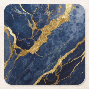 Blue Marble Pattern with Gold Square Paper Coaster