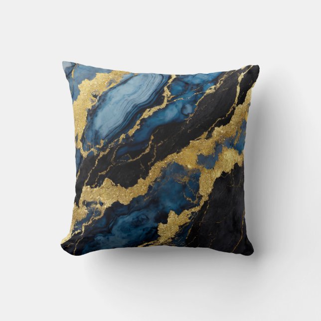 Blue Marble Pattern with Gold Throw Pillow (Front)