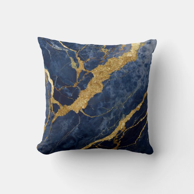 Blue Marble Pattern with Gold Throw Pillow (Front)