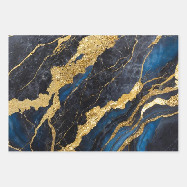 Blue Marble Pattern with Gold Wrapping Paper Sheet (Front)