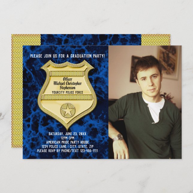 Blue Marble Photo Police Graduation Party Invitation (Front/Back)