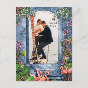 Blue Marble & Pink  Flamingos Announcement Postcard