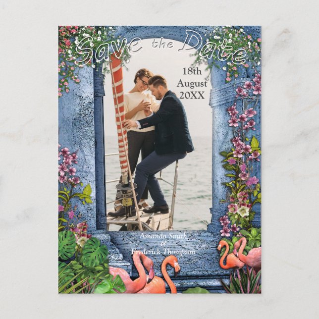 Blue Marble & Pink  Flamingos Announcement Postcard (Front)