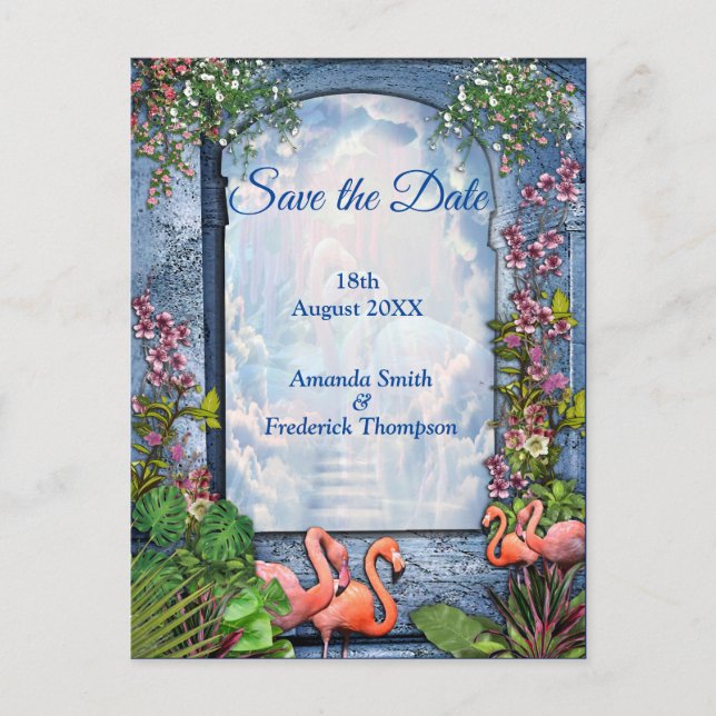 Blue Marble & Pink  Flamingos Announcement Postcard (Front)