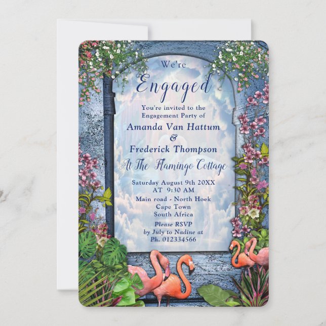 Blue Marble & Pink  Flamingos Invitation (Front)