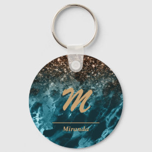 Blue Marble rose gold glitter Mongram personalized Keychain