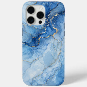 Blue Marble Watercolor Pattern with Gold Veins iPhone 15 Pro Max Case