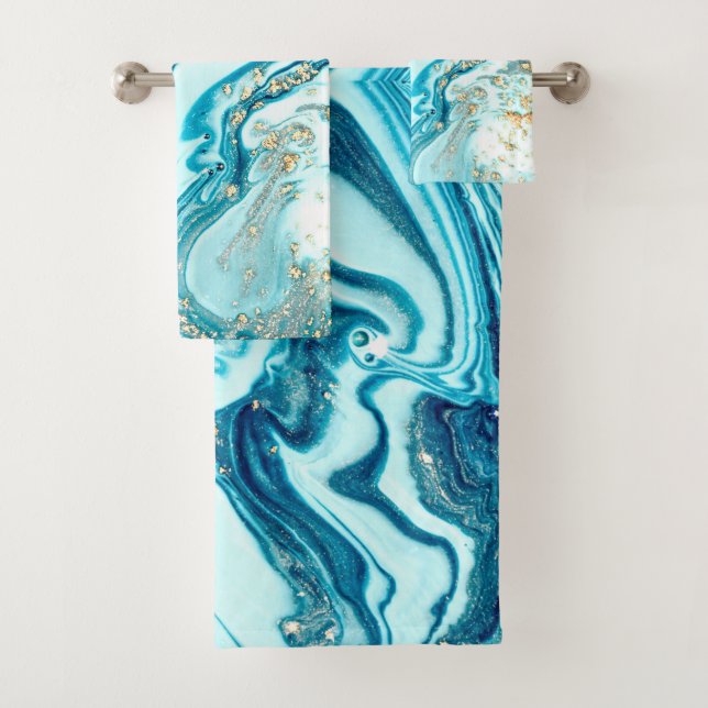 Blue Marble Watercolor Turquoise Gold Ocean Bath Towel Set (Insitu)