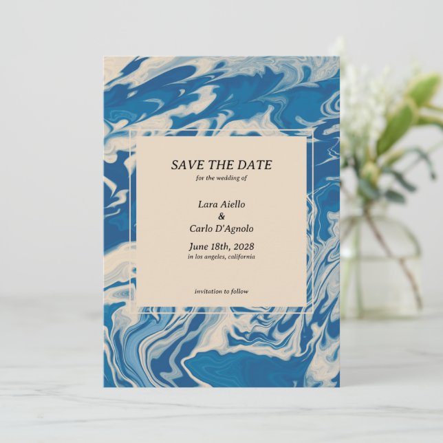 Blue Marbled Modern Costal Wedding Save The Date (Standing Front)