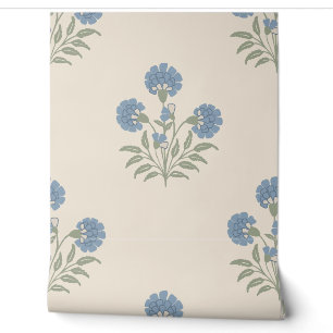 Blue Marigold Floral Pattern Warm Cream Background Wallpaper