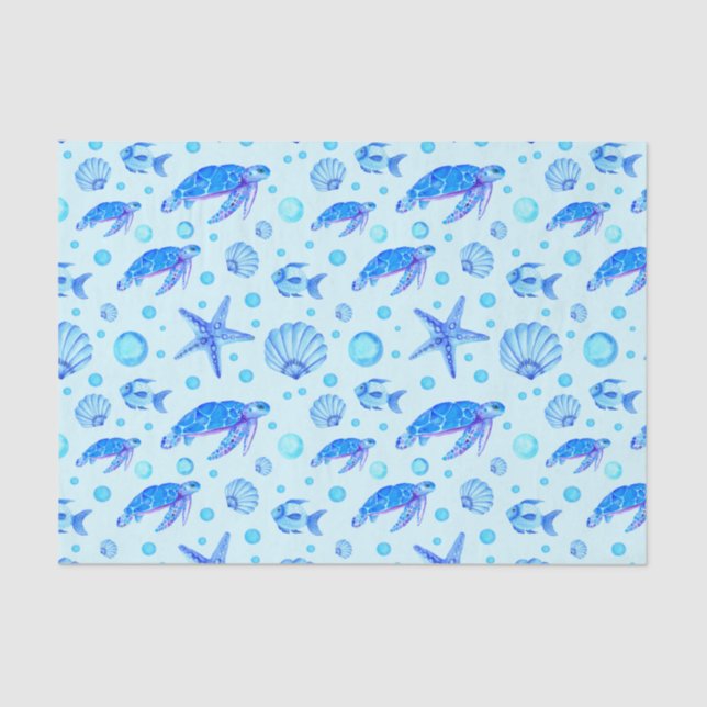 Blue Marine Life - Turtles, Fish and Seashells  Tissue Paper (Front)