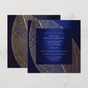 Blue Marine Navy Leaf Gold Birthday Party Invitation