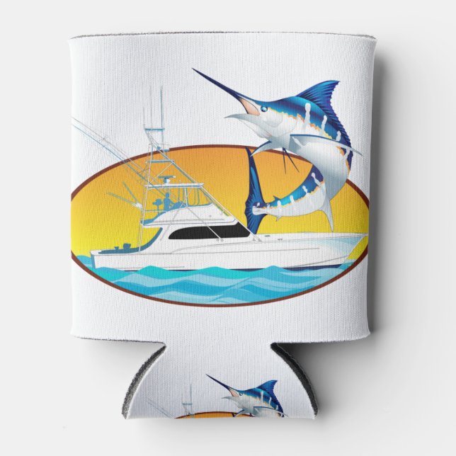 Blue Marlin and Boat Sunset Can Cooler (Front)