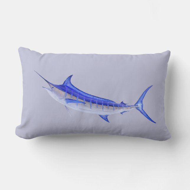 Blue Marlin Fish on Grey Lumbar Pillow (Front)