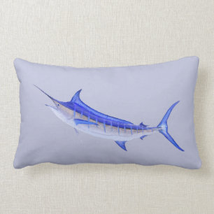 Blue Marlin Fish on Grey Lumbar Pillow