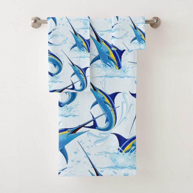 Blue Marlin Jumping out of Ocean Bath Towel Set (Insitu)