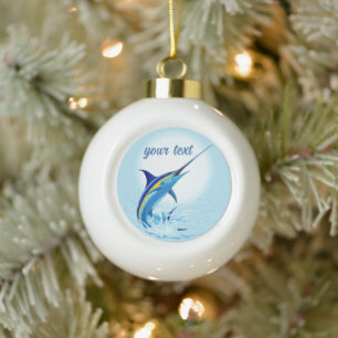 Blue Marlin Jumping out of Ocean Ceramic Ball Christmas Ornament