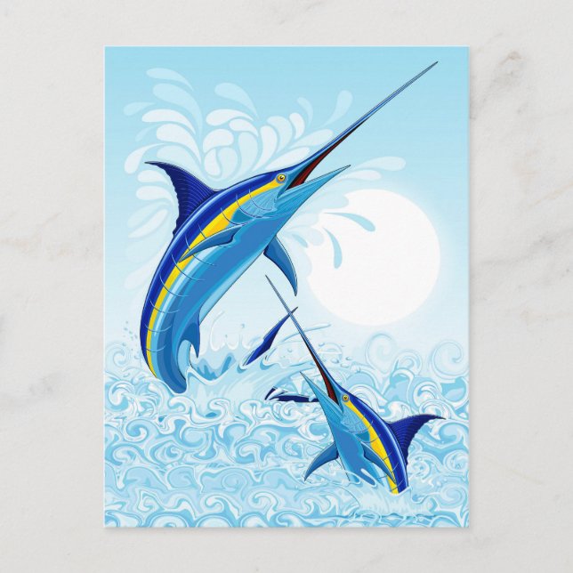 Blue Marlin Jumping out of Ocean Holiday Postcard (Front)