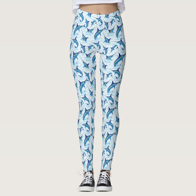 Blue Marlin Jumping out of Ocean Leggings (Front)