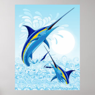 Blue Marlin Jumping out of Ocean Poster