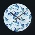 Blue Marlin Jumping out of Ocean Round Clock<br><div class="desc">Realistic illustration of a beautiful Marlin Fish Ocean Animal jumping out of ocean. Vector Art copyright BluedarkArt TheChameleonArt.</div>