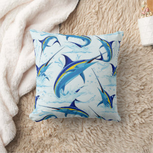 Blue Marlin Jumping out of Ocean Throw Pillow