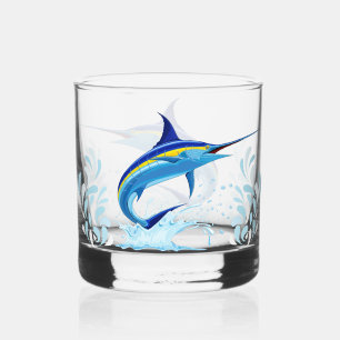 Blue Marlin Jumping out of Ocean Whiskey Glass