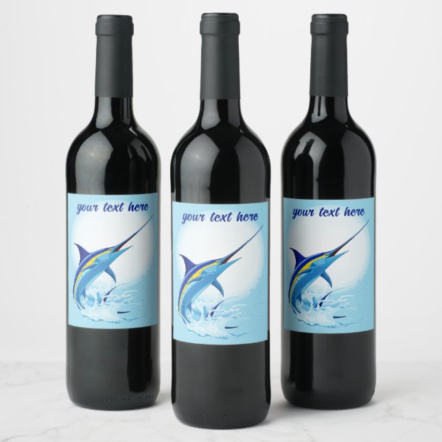 Blue Marlin Jumping out of Ocean Wine Label (Bottles)