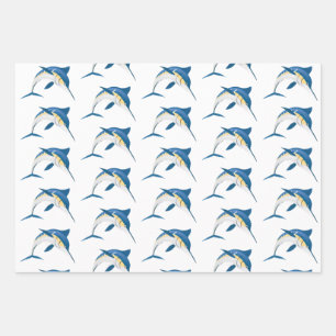 Blue Marlin Wrapping Paper Flat Sheet Set of 3