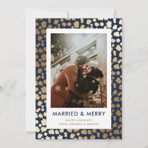 Blue Married and Merry Newlywed Photo Holiday Card