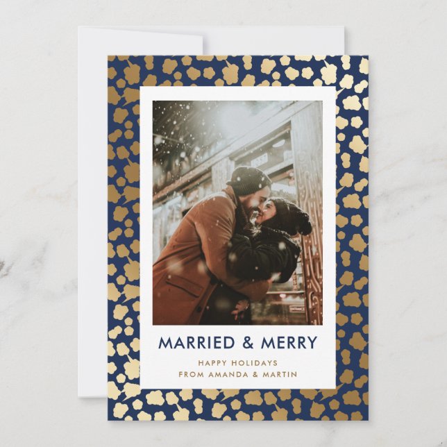 Blue Married and Merry Newlywed Photo Holiday Card (Front)