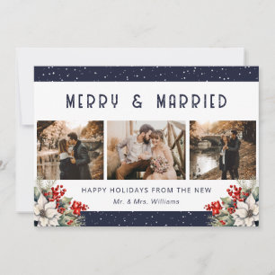 Blue Married Newlywed Botanical Photo Holiday Card