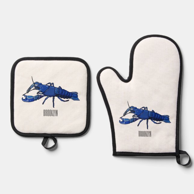 Blue marron crayfish cartoon illustration oven mitt & pot holder set (Front)