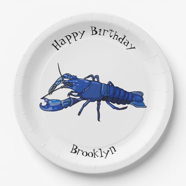 Blue marron crayfish cartoon illustration paper plate (Front)