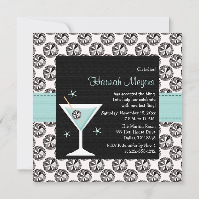 Blue Martini Diamond Bachelorette Party Invitation (Front)