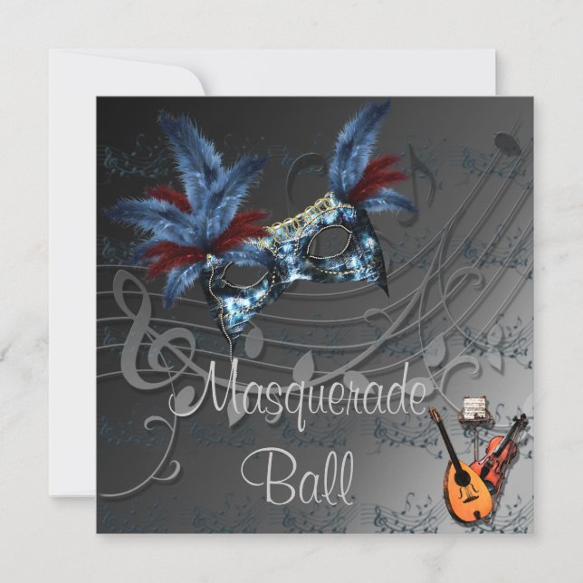 Blue Mask on Black Masquerade Ball Invitation (Front)