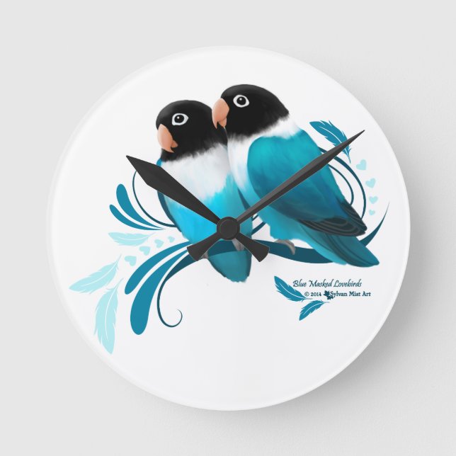 Blue Masked Lovebirds Round Clock (Front)