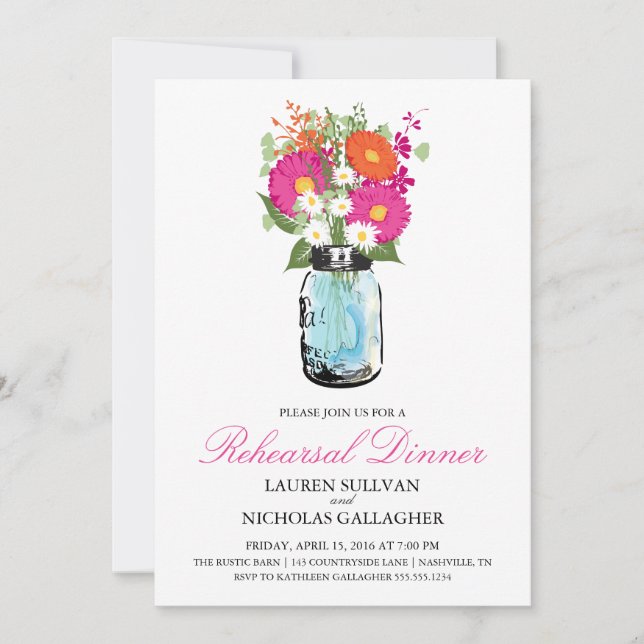 Blue Mason Jar and Gerber Daisies Rehearsal Dinner Invitation (Front)