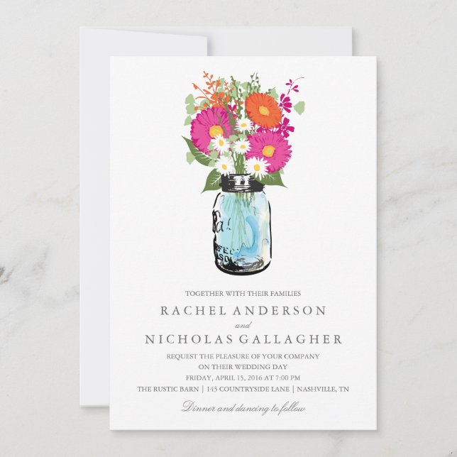 Blue Mason Jar and Gerber Daisies Wedding Invitation (Front)