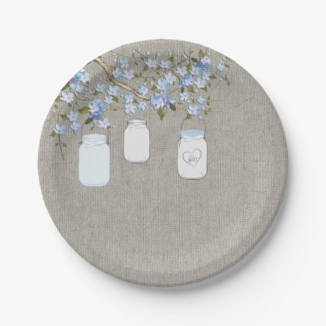 Blue Mason Jar Burlap Baby Shower Paper Plate (Front)