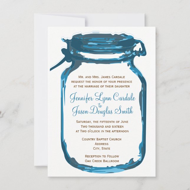 Blue Mason Jar Country Rustic Wedding Invitations (Front)