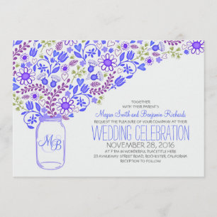 blue mason jar cute flowers wedding invitations
