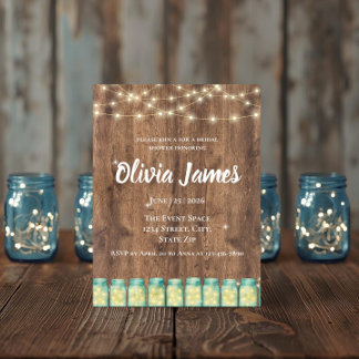Blue Mason Jar & Fairy Lights Bridal Shower Invitation