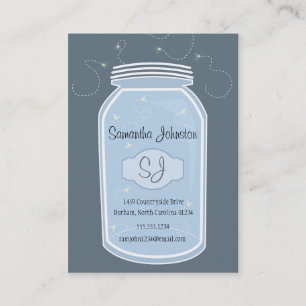 Blue Mason Jar & Fireflies Save the Date Business Card