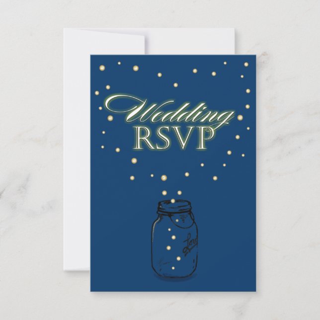 Blue Mason Jar Firefly Wedding RSVP Cards (Front)