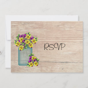 Blue Mason Jar Pansies Reception RSVP Invitation